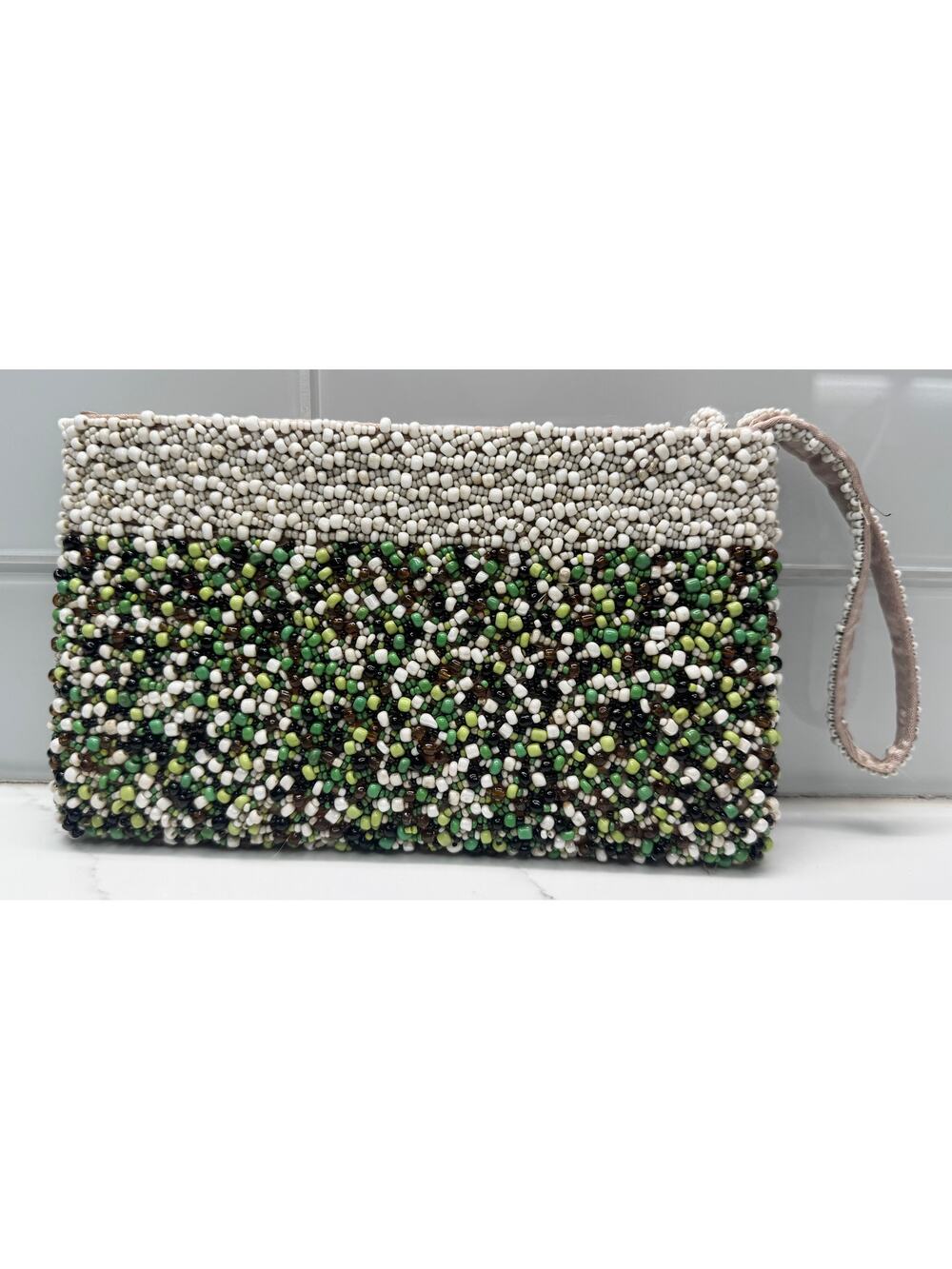 Beaded Clutch Wristlet Purse, Green Black Amber White Cream Beads, Zipper Close